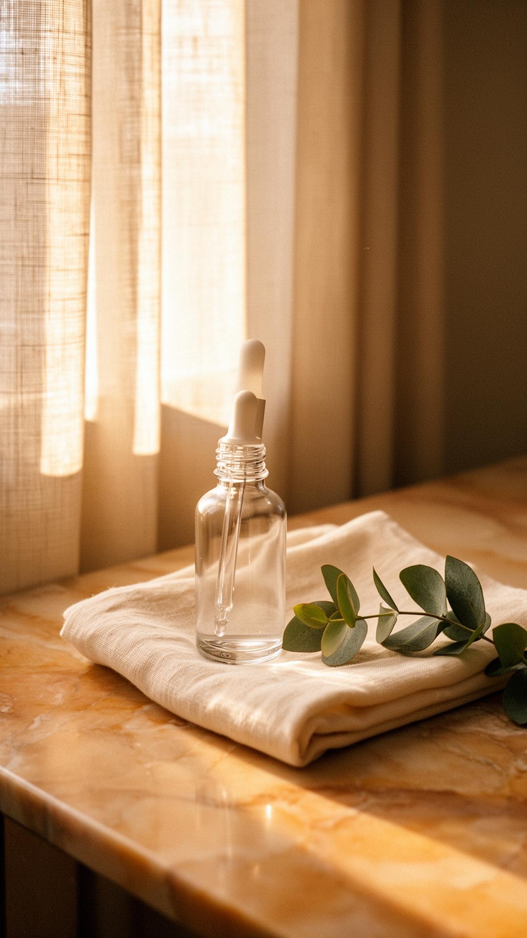 Clear glass dropper bottle on folded linen in golden hour light